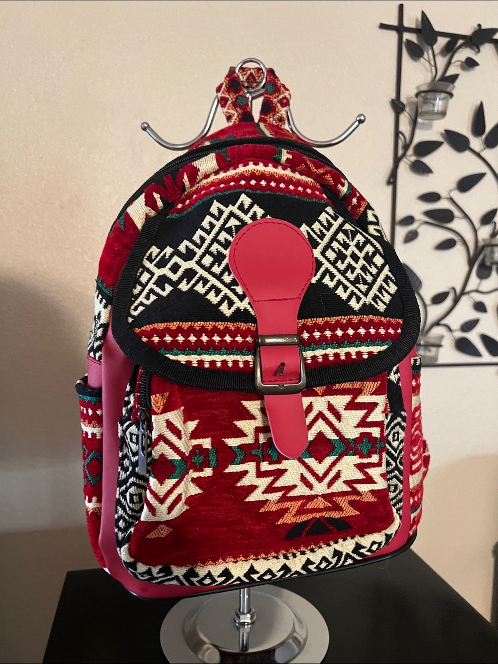 Red Aztec Print Mini Backpack with Pink Trim